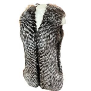 Terse Silver Fox Fur‎ & Leather Vest Full Zip & Pockets Sz 46
